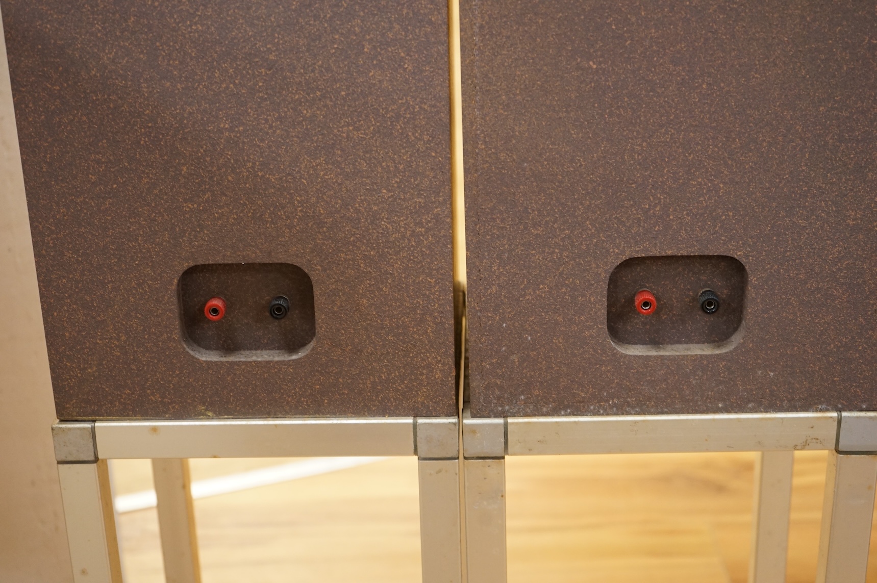 A pair of Celestion Ditton 15XR stereo speakers attached to stands, speakers; 56cm high, 25cm wide, 24cm deep, overall height including the stands 110cm.